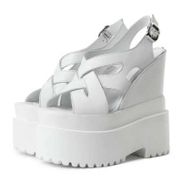 Peep Toe Ankle Buckle Straps Double Platforms Wedges  Sandals - White Faux Leather