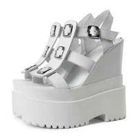 Peep Toe Ankle Buckle Straps Double Platforms Wedges  Sandals - White Faux Leather
