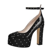 Round Toe Chunky Heels Platforms Ankle Straps Rivets Pumps - Black