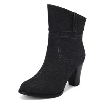 Pointed Toe Chunky Heels Ankle Highs Street Style Denim Boots - Black