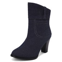 Pointed Toe Chunky Heels Ankle Highs Street Style Denim Boots - Dark Blue