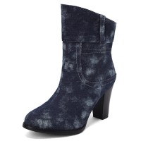 Pointed Toe Chunky Heels Ankle Highs Street Style Denim Boots - Blue
