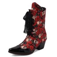 Pointed Toe Chunky Heels Vintage Lace Up Ankle Highs Halloween Dia de los Muertos Booties - Red