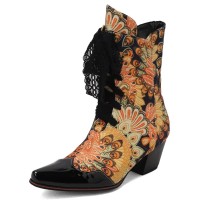 Pointed Toe Chunky Heels Vintage Lace Up Ankle Highs Flowers Booties - Yellow