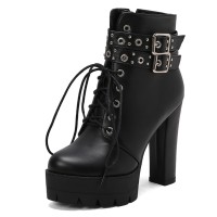 Round Toe Ankle Buckle Straps Side Zipper Platforms Chunky Heels Lace Up Boots - Black