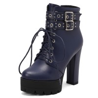 Round Toe Ankle Buckle Straps Side Zipper Platforms Chunky Heels Lace Up Boots - Blue