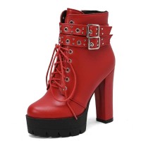 Round Toe Ankle Buckle Straps Side Zipper Platforms Chunky Heels Lace Up Boots - Red