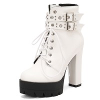Round Toe Ankle Buckle Straps Side Zipper Platforms Chunky Heels Lace Up Boots - White