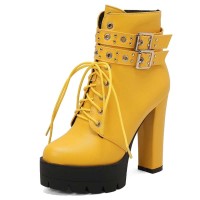 Round Toe Ankle Buckle Straps Side Zipper Platforms Chunky Heels Lace Up Boots - Yellow