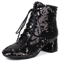 Round Toe Chunky Heels Sequined Lace Up Ankle Highs Dance Boots - Black