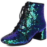 Round Toe Chunky Heels Sequined Lace Up Ankle Highs Dance Boots - Green