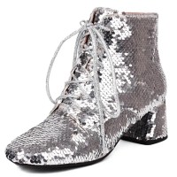 Round Toe Chunky Heels Sequined Lace Up Dance Ankle Highs Boots - Silver