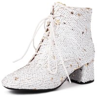 Round Toe Chunky Heels Sequined Lace Up Ankle Highs Dance Boots - White