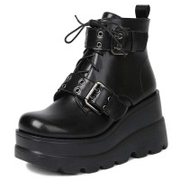 Round Toe Ankle High Double Straps Lace Up Platforms Wedges Boots - Black