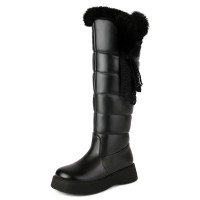 Round Toe Low Platforms Knee Highs Faux Fur Winter Snow Boots - Black