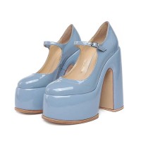 Round Toe High Platforms Chunky Heels Mary Janes Pumps - SkyBlue Patent