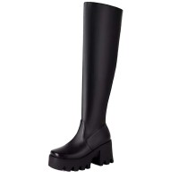 Round Toe Chunky Heels Platforms Knee Highs Elastic Boots - Black Faux Leather