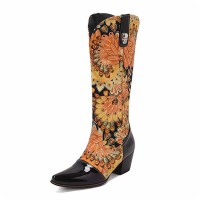 Pointed Toe Chunky Heels Printed Fabric Metal Skull Buckle Docarated Wild West Knee Highs Boots - Yellow Patent