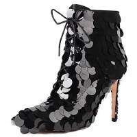Pointed Toe Stiletto Heels Sequined Lace Up Side Zipper Ankle Highs Dance Booties - Black