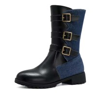 Round Toe Three Row Metal Buckle Ankle Highs British Style Boots - Black Faux Leather