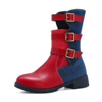 Round Toe Three Row Metal Buckle Ankle Highs British Style Boots - Red Faux Leather