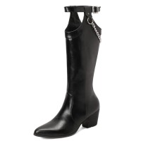 Pointed Toe Side Zipper Chunky Heels Chain Decorated Straps Riding Boots - Black