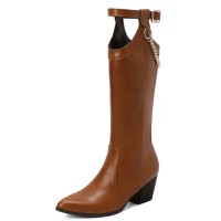 Pointed Toe Side Zipper Chunky Heels Chain Decorated Straps Riding Boots - Brown