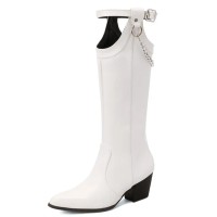 Pointed Toe Side Zipper Chunky Heels Chain Decorated Straps Riding Boots - White