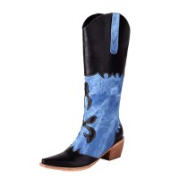 Pointed Toe Knee Highs Western Style Denim Cowboy Boots - Black Faux Leather