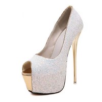 Peep Toe Low Platforms Glitters Stiletto Heels Elegant Pumps - White Sequined Cloth