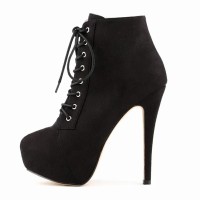 Round Toe Stiletto Heels Suede Lace Up Platforms Ankle Highs Booties - Black