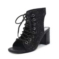 Peep Toe Chunky Heels Lace Up Ankle Highs Rhinestones Summer Sandals Booties - Black Sequined Cloth