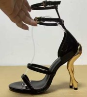 Peep Toe Strange Unique Heels Patent Sculptural Ankle Double Straps Cabaret Sandals - Black with Gold
