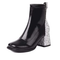 Round Toe Chunky Heels Bling Glitters Patchwork Back Zipper Ankle Highs Boots - Black Patent