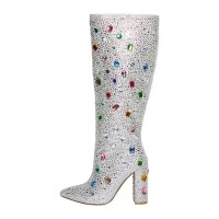 Pointed Toe Chunky Heels Rhinestones Colorful Crystals Side Zipper Knee Highs Booties - Silver