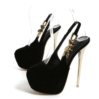 Round Toe Stiletto Heels Butterfly Buckle Straps Platforms Pumps - Black Flock