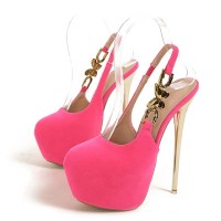 Round Toe Stiletto Heels Butterfly Buckle Straps Platforms Pumps - Pink Flock