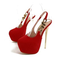Round Toe Stiletto Heels Butterfly Buckle Straps Platforms Pumps - Red Flock