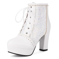 Round Toe Cuban Heels Glitters Shiny Platforms Lace Up Party Boots - White