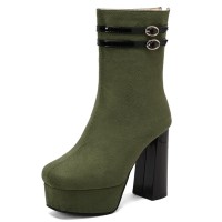 Round Toe Chunky Heels Platforms Back Zipper Ankle Highs Suede Boots - Green