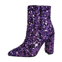 Pointed Toe Sequined Blings Chunky Heels Side Zipper Ankle Highs Booties - Purple