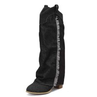 Round Toe Cuffed Fashion Western Style Side Fringe Wood Grain Chunky Heels Slip On Knee Highs Boots - Black Denim
