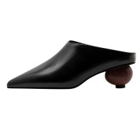 Pointed Toe Strange Ball Heels Half Slippers Sandals - Black Leather