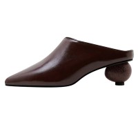 Pointed Toe Strange Ball Heels Half Slippers Sandals - Brown Leather