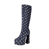 Pointed Toe Gretel Sequin Knee Highs Chunky Heels Boots - DarkBlue Denim