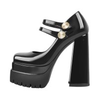 Square Toe Chunky Heels Platforms Double Straps Mary Janes Pumps - Black