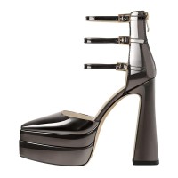 Pointed Toe Chunky Heels Platforms Ankle Wrap Heel Stripes Sandals - Dark Gray