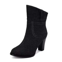 Pointed Toe Sloping Cuffs Slip On Ankle Highs Chunky Heels Boots - Black Denim