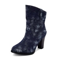 Pointed Toe Sloping Cuffs Slip On Ankle Highs Chunky Heels Boots - Blue Denim