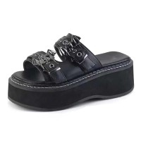 Peep Toe Gothic Metal Bat Vampire Buckles Wedges Slippers Sandals - Black Faux Leather